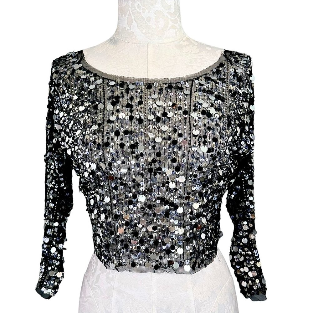havenbleu Black Sheer Silver Sequin Cropped Long Sleeve Top Small